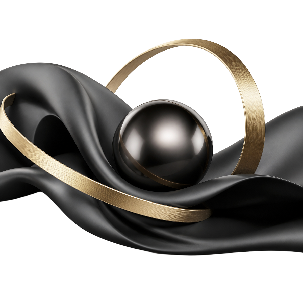 Abstract black pearl cradled by a gold ring on flowing silk